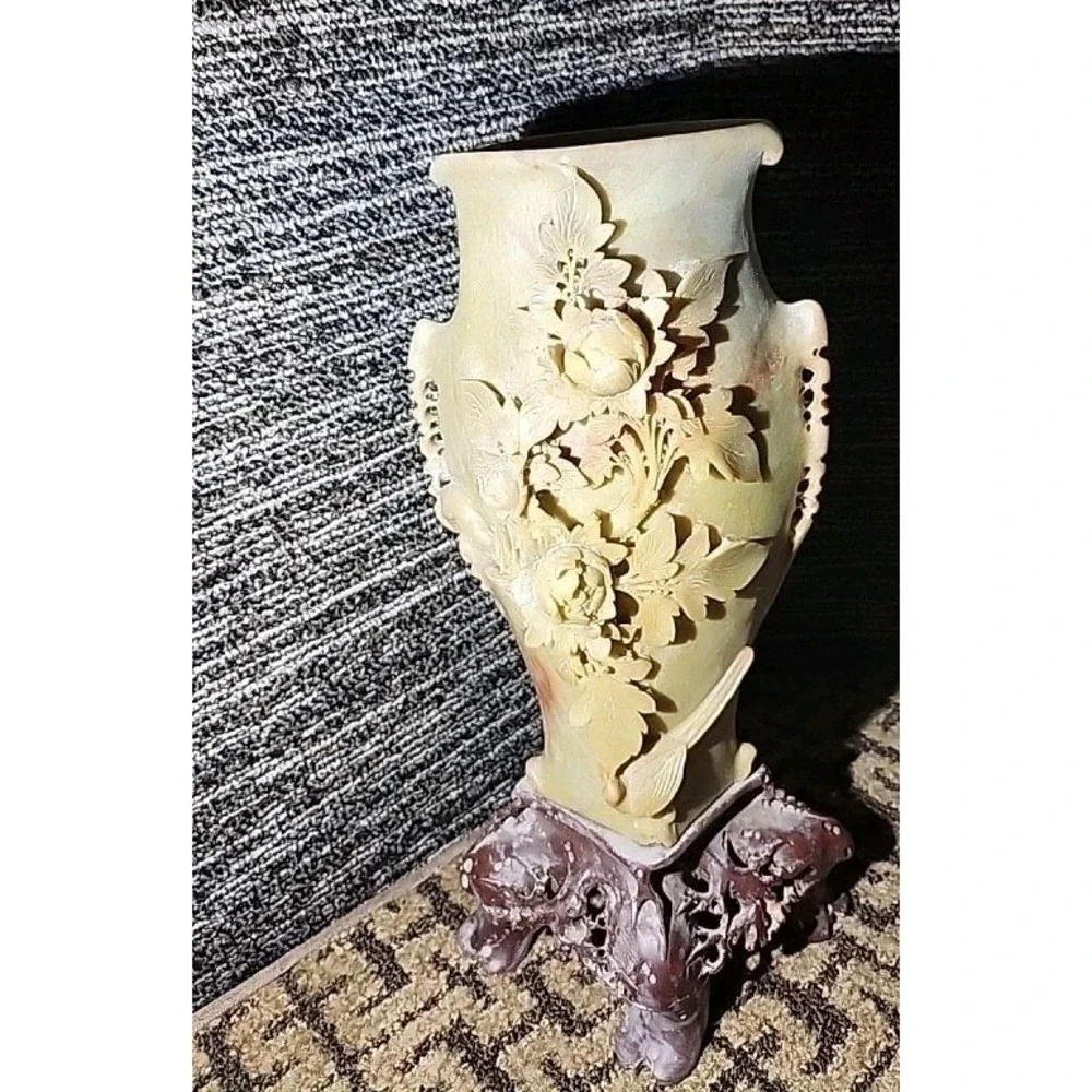 Vintage‎ Carved Soapstone Vase – Birds & Roses Relief – On Fitted Base